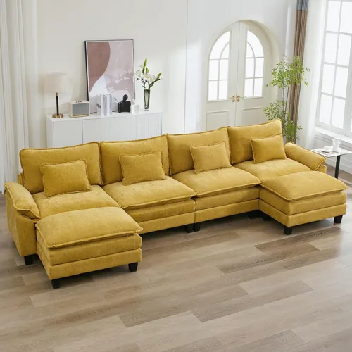 Vista 46 de URRED - Sofá seccional modular tipo nube, cómodo sofá cama de chenilla moderna con asientos profundos y otomán/almohadas para sala de estar