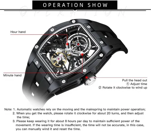 Vista 6 de AIMES Tonneau - Reloj automático para hombre, reloj de esqueleto de lujo para hombre, cuerda mecánica automática, impermeable, analógico, reloj