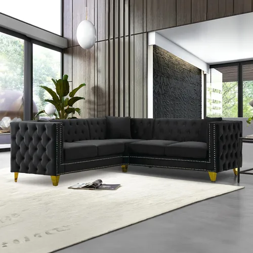 Vista 9 de Sofá de terciopelo de 3 plazas, cómodos sofás para sala de estar, sofá moderno con respaldo copetudo y decoración de remaches, sofá largo tapizado