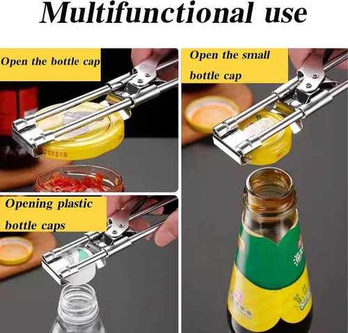 Vista 6 de Abrelatas de acero inoxidable, ajustable, antideslizante, multifuncional, juego de abridor múltiple con abridor de tarros y llavero abrebotellas