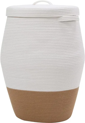 Vista 10 de Cesta alta de cuerda de algodón hecha a mano de 26"x20" con tapa, elegante forma de frasco con cubierta, cesto para ropa con tapa, para dormitorio