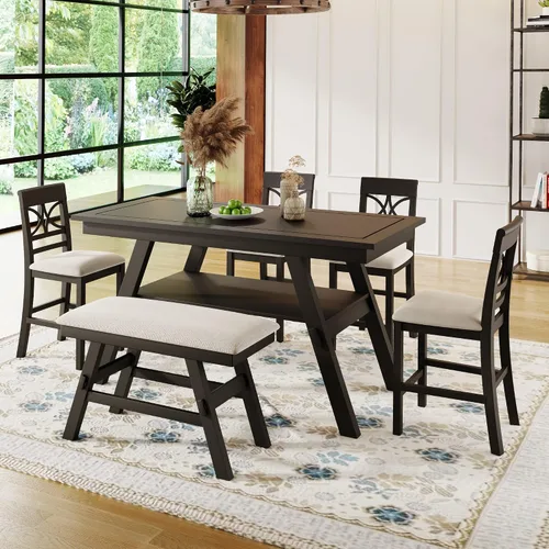Vista 31 de Juego de mesa de comedor de madera de 6 piezas, juego de mesa de cocina con rectangular, juego de mesa de comedor con banco tapizado y 4 sillas