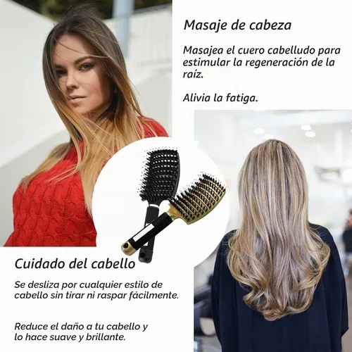 Vista 3 de 2 cepillos curvos ventilados para el cabello, cerdas de jabalí, cepillo desenredante de pala, cepillo profesional desenredante para Dorado+Negro