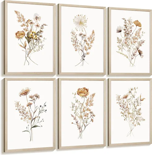 Vista 7 de Juego de 6 arte de pared de flores de acuarela con diseño botánico de flores silvestres, arte de pared en lienzo neutro bohemio, impresiones