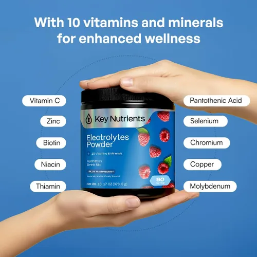 Vista 4 de KEY NUTRIENTS Electrolitos multivitamínicos en polvo sin azúcar - Polvo de electrolito de frambuesa azul dulce - Suplemento de resistencia y energía