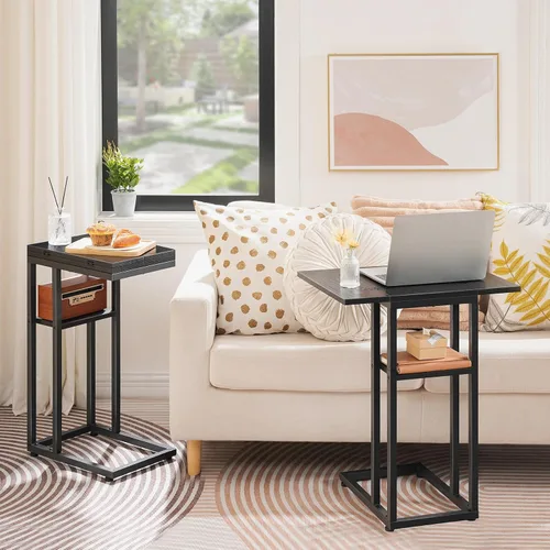 Vista 2 de HOOBRO Mesa auxiliar plegable, mesa lateral en forma de C con estante de almacenamiento, pequeña mesa de aperitivos adecuada para sala de estar