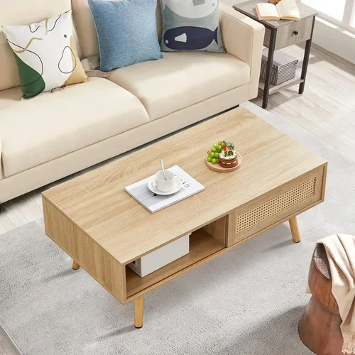 Vista 6 de Mesa de centro de ratán, mesa de centro moderna de mediados de siglo de 40.3 pulgadas con almacenamiento, mesa rectangular de madera para sofá