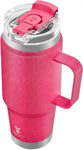 Vista 27 de Meoky Vaso de viaje de acero inoxidable de 40 onzas con asa, taza de viaje de acero inoxidable con tapa para sorber 2 en 1, taza de café aislada al