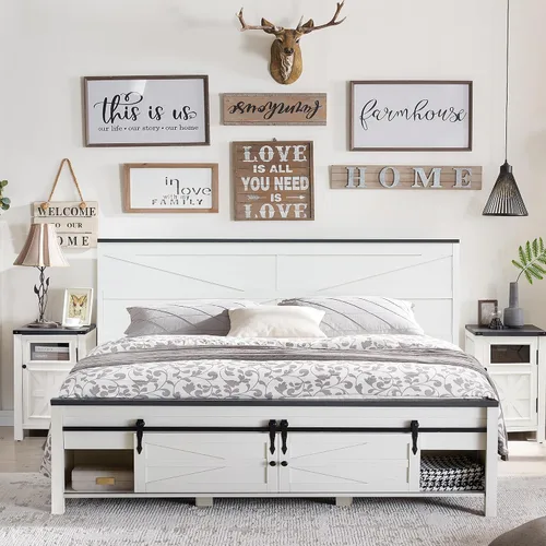 Vista 7 de JXQTLINGMU Marco de Cama de Madera Estilo Granja Tamaño Queen con Armarios de Almacenamiento con Puertas Corredizas de Granero y Cabecero, Soporte
