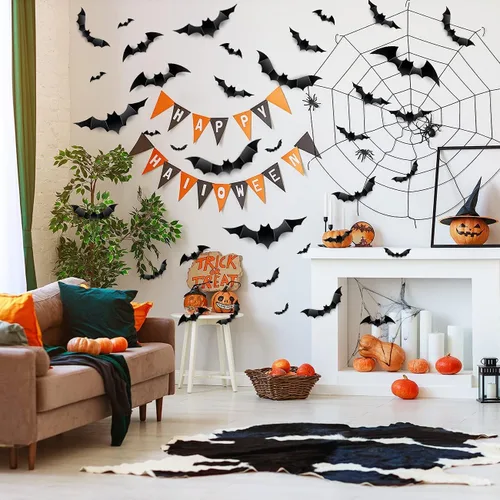 Vista 6 de Decoración de pared de murciélagos 3D de Halloween, decoración de murciélagos de plástico mejorada, 60 unidades, 4 tamaños, reutilizables, PVC