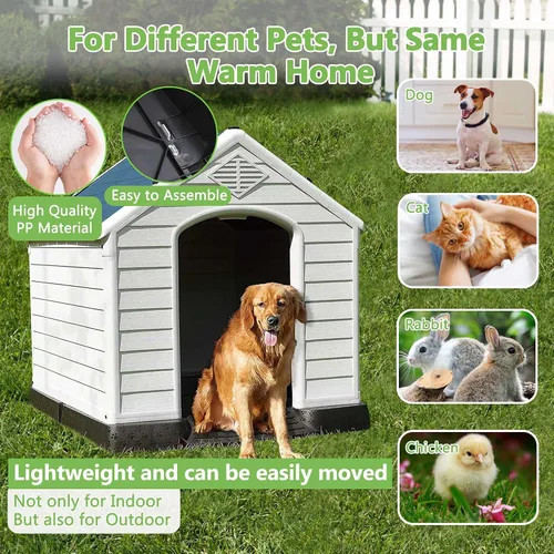 Vista 4 de Casa de plástico resistente al agua para perros pequeños, casa para perros para interiores y exteriores, refugio para cachorros con rejillas