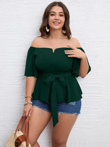 Vista 3 de SCOMCHIC Blusa peplum con hombros descubiertos para mujer, talla grande, media manga acampanada, cintura con lazo en la cintura, dobladillo