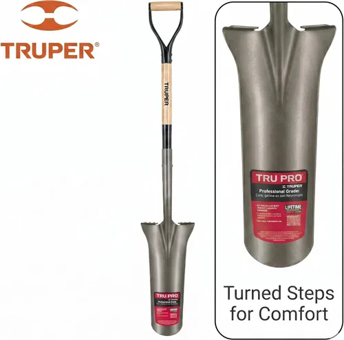 Vista 3 de Truper Tru Pro - Pala de drenaje de 16 pulgadas, mango de madera de fresno prémium de 32 pulgadas con agarre en D, escalones torneados, pala