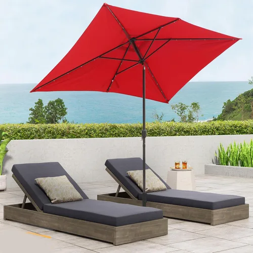 Vista 10 de Sombrilla rectangular de 10 x 6 pies 5 pies con luz LED, sombrilla para exteriores, sombrilla de mesa de mercado con botón de inclinación y manivela