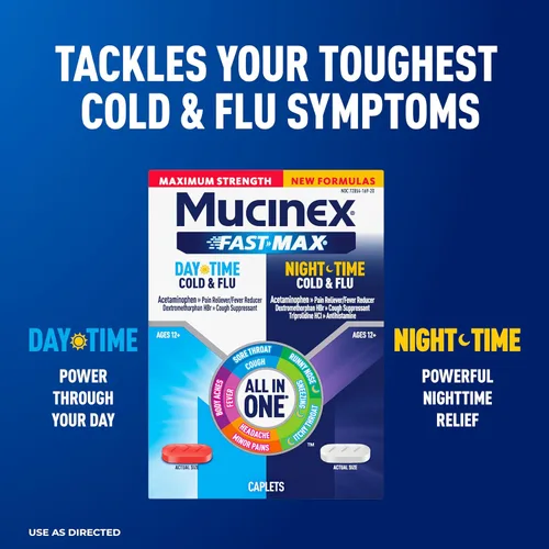 Vista 2 de Mucinex Fast-Max de máxima potencia para resfriado y gripe de día y noche para adultos, poderoso medicamento de venta libre para síntomas