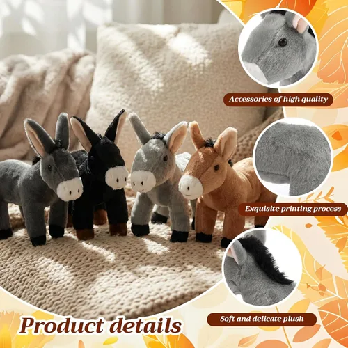 Vista 3 de Skylety 4 piezas de juguete de peluche de burro de 8 pulgadas para niños y niñas, lindo juguete surtido de animales grises, regalos de fiesta