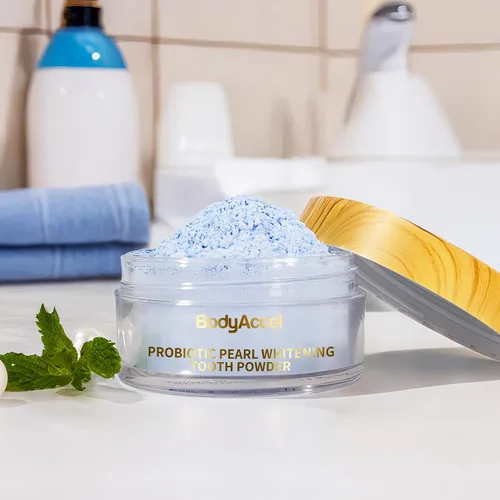 Vista 8 de BodyAccel Polvo blanqueador de dientes, polvo de perlas probióticas, pasta de dientes sin flúor para eliminación de manchas de café, té y vino