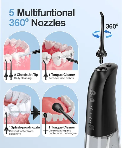 Vista 4 de Demita Irrigador dental inalámbrico para dientes, 10.1 fl oz, 3 modos, 5 puntas de chorro, púa eléctrica portátil para adultos, kit de limpieza