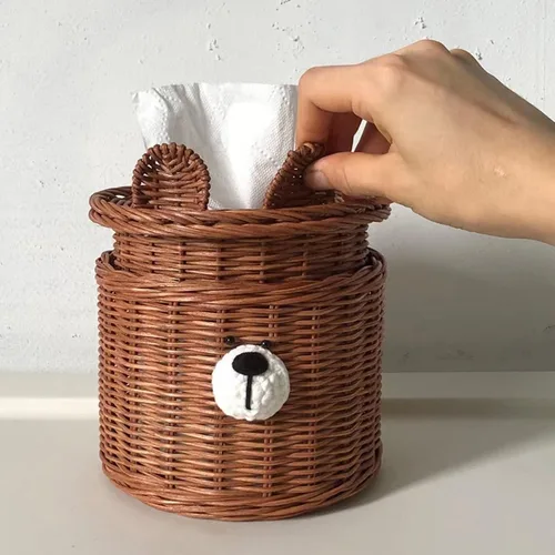 Vista 2 de Lindo oso tejido ratán cuadrado caja de pañuelos titular para cocina, baño, coche Soporte decorativo de mimbre recargable dispensador de Marrón