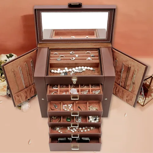 Vista 7 de AKOZLIN - Organizador de joyas grande de 6 niveles, con cerradura, funcional y enorme, con 5 cajones, de cuero, para mujeres y niñas, para anillos