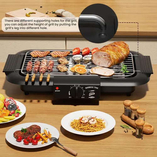 Vista 5 de Parrilla eléctrica para barbacoa, sin humo, antiadherente para interiores y exteriores, 2000 W, doble tubo de alta potencia, portátil, extraíble