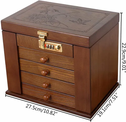Vista 2 de Caja de almacenamiento multifuncional de madera, caja organizadora de madera maciza con cerradura combinada para joyas, relojes, collares, anillos