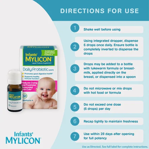 Vista 5 de Gotas probióticas diarias de Mylicon para bebés, para cólicos e intranquilidad, 8mL, 21 dosis diarias