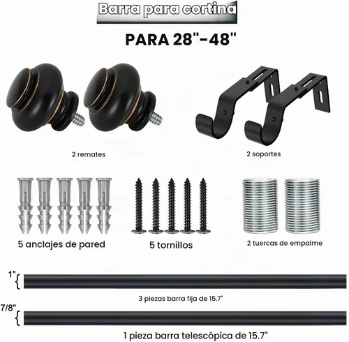 Vista 7 de SIMEWIN Barras de cortina negras para ventanas de 28 a 48 pulgadas, ajustables, decorativas, de 1 pulgada de diámetro, juego de cortineros Negro