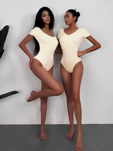 Vista 4 de Body de manga corta de 3 piezas para mujer, cuello en V, elástico, básico, traje de cuerpo