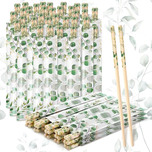 Vista 9 de 50 pares de palillos de flor de cerezo a granel con funda azul, palillos desechables de bambú de eucalipto, favores de boda, suministro de comida