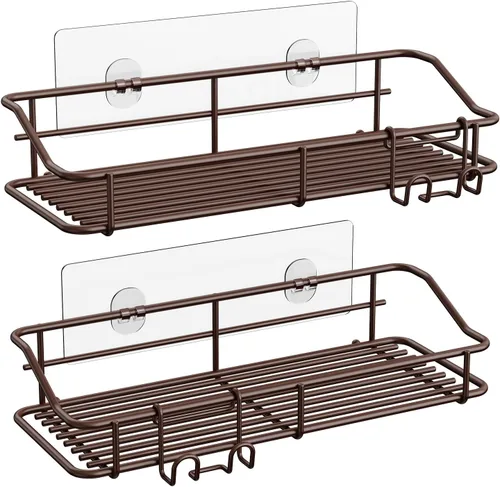 Vista 15 de Nieifi - Estante adhesivo para ducha con estantes de almacenamiento sin perforación de acero inoxidable con ganchos para baño, lavabo, aseo