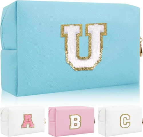 Vista 11 de Bolsa de maquillaje con parche de letra inicial personalizada, bolsa de cosméticos de chenilla preppy con letra de chenilla con cremallera, Y