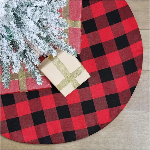 Vista 11 de SoarDream Faldas de árbol a cuadros de Navidad pequeñas de 24 pulgadas, falda de árbol a cuadros de búfalo rojo y negro para Navidad, fiesta de Año