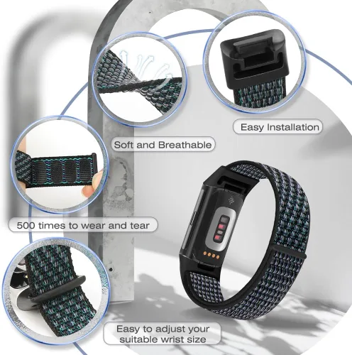 Vista 5 de Correas de nailon para reloj deportivo compatibles con Fitbit Charge 6/5, correa de muñeca ajustable, transpirable, de repuesto, suave, de bucle