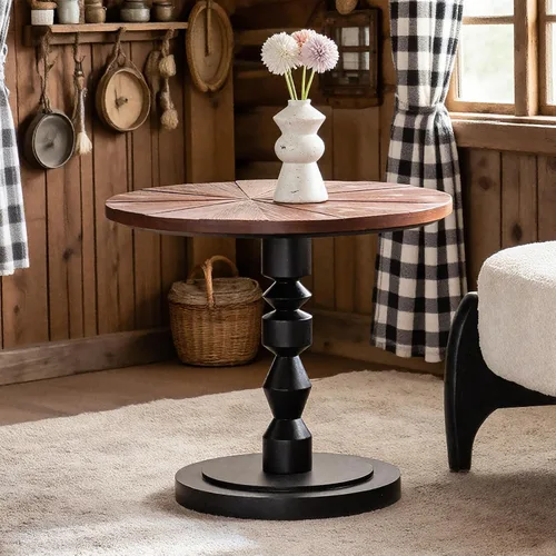 Vista 13 de Framhose - Mesa auxiliar redonda, mesa auxiliar pequeña con parte superior de madera y base negra, mesa de pedestal para sala de estar, esquinas
