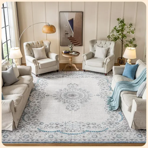 Vista 381 de Istana Alfombra larga antideslizante de 2.5 x 8 para el hogar, para pasillo y cocina, lavable, sedosa y suave al tacto, elegante, color azul y marfil