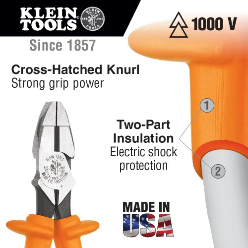 Vista 2 de Klein Tools D20009NEINS Alicates de liniero aislados, fabricados en EE. UU., con aislamiento de doble capa que supera las pruebas y resistencia a