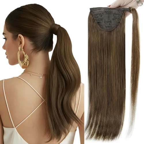 Vista 16 de Extensiones de cabello Full Shine con clip para cola de caballo, cabello humano, tonos medios marrones y rubio miel, envoltura alrededor de la cola