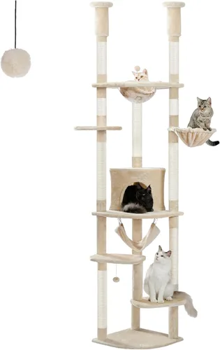 Vista 9 de PEQULTI Árbol para gatos de piso a techo, torre alta para gatos, altura ajustable (83-108 pulgadas), 5 niveles de árbol trepador para gatos