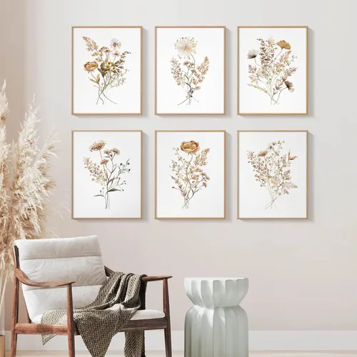 Vista 6 de Juego de 6 arte de pared de flores de acuarela con diseño botánico de flores silvestres, arte de pared en lienzo neutro bohemio, impresiones