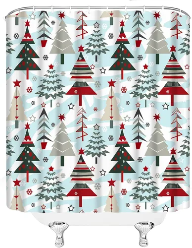Vista 6 de GCTNBJL Cortina de ducha de árbol de Navidad, color rojo, gris, verde, árbol de Navidad, copo de nieve, estrella, vacaciones de invierno, feliz