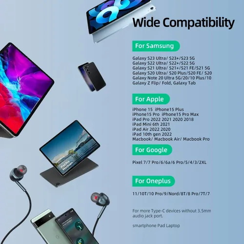 Vista 7 de Auriculares con cable USB-C con micrófono, control de volumen, cancelación de ruido, compatibles con Samsung Galaxy S24 S23 S22, iPhone 15, Paquete