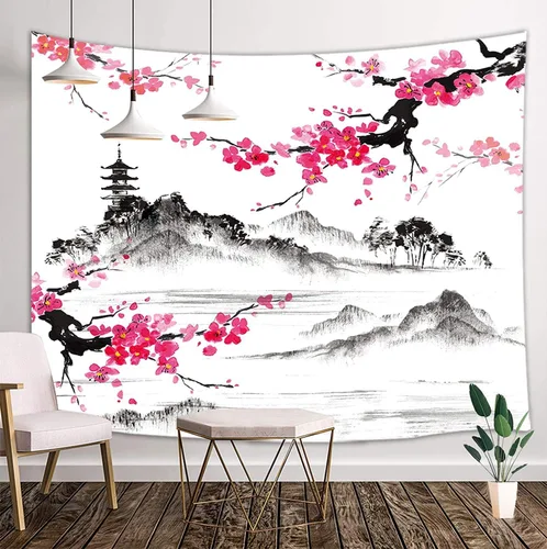 Vista 16 de Tapiz de cascada de bosque, flores de paisaje natural, tapices para colgar en la pared para hombres y niños, decoración de arte de pared, decoración