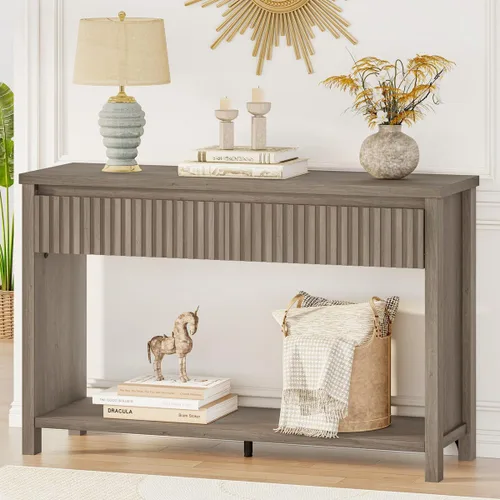 Vista 12 de BON AUGURE Mesa consola de madera para entrada, mesa de entrada de 47 pulgadas con almacenamiento, mesas de sofá estrechas con cajones, modernas