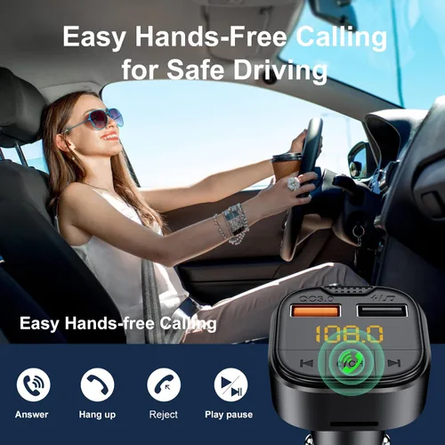 Vista 4 de Adaptador Bluetooth para coche, transmisor FM Bluetooth para coche, reproductor de MP3 QC3.0 carga rápida para todos los teléfonos inteligentes