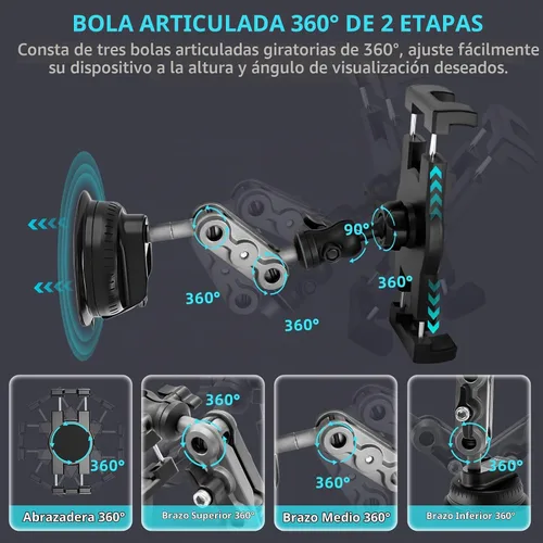 Vista 6 de Porfortop - Soporte de aluminio resistente para tablero de instrumentos y parabrisas, soporte de metal de 360° de 2 etapas, ventosa para iPad