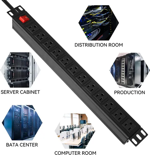 Vista 6 de BTU Protector de sobretensiones de alimentación PDU para montaje en bastidor, regleta de alimentación de 12 salidas con interruptor, montaje