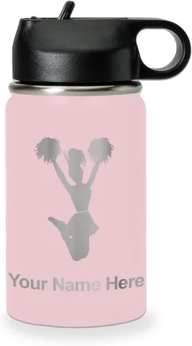 Vista 69 de LaserGram Botella de agua con tapa abatible de doble pared de 12 onzas con pajita, animadora, grabado personalizado incluido (negro)