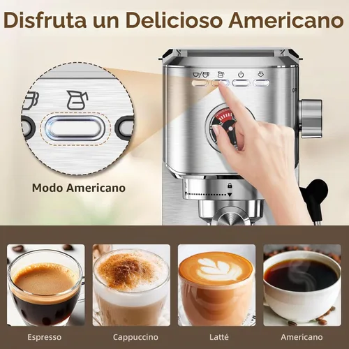Vista 4 de Spacekey Máquina de café expreso de 20 barras, cafetera profesional de 1350 W con espumador de leche, cafetera compacta de acero inoxidable