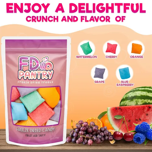 Vista 3 de Dulce Crujiente de Air Taffy Liofilizado - Variedad de Sabores de Frutas, 3.5 oz Fresa, Melón, Cereza, Frambuesa, Naranja, Uva, Misterio Snack
